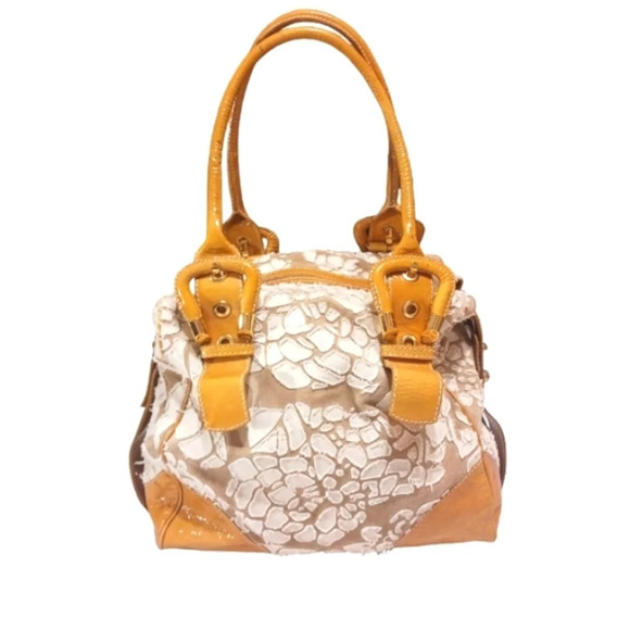 Francesco Biasia Yellow Leather and Fabric Patchwork Satchel Hobo Should… - Picture 4 of 11
